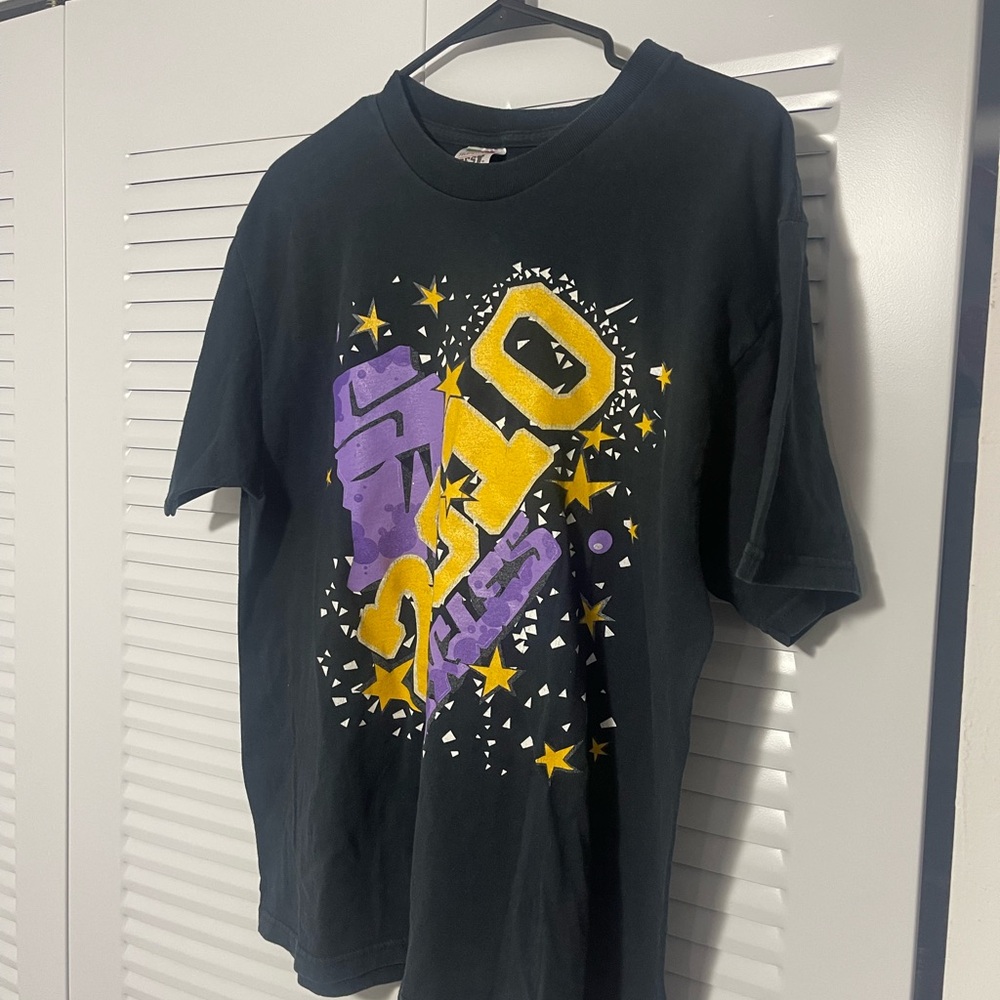 Graphic Tee with Purple and Yellow Design